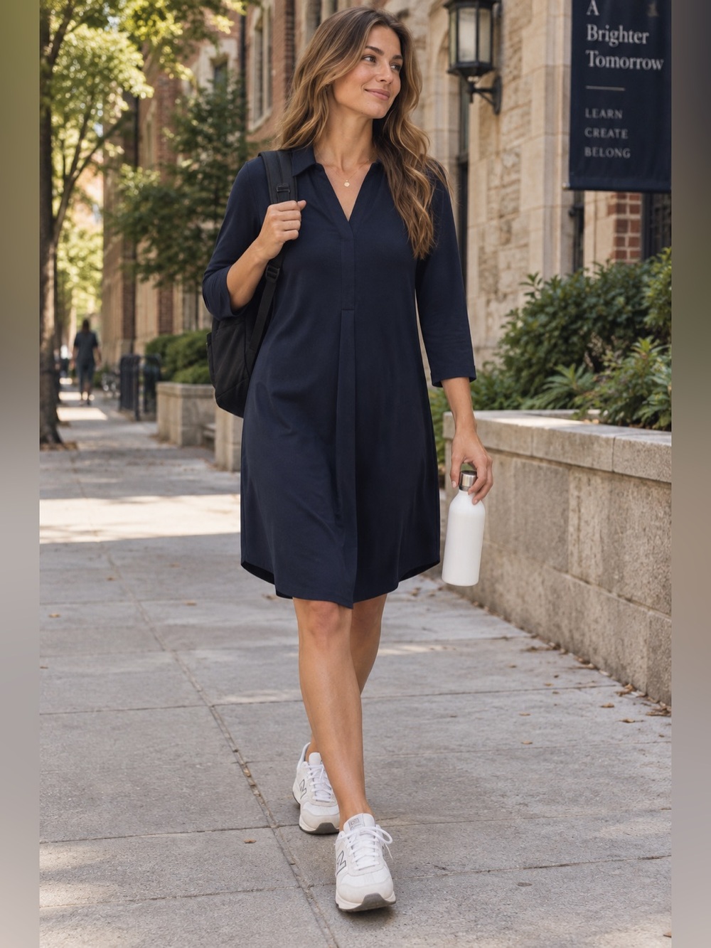 J.Jill Navy Collared Knit Shift Dress 3/4 Sleeve SOFT Stretch Size XS Petite